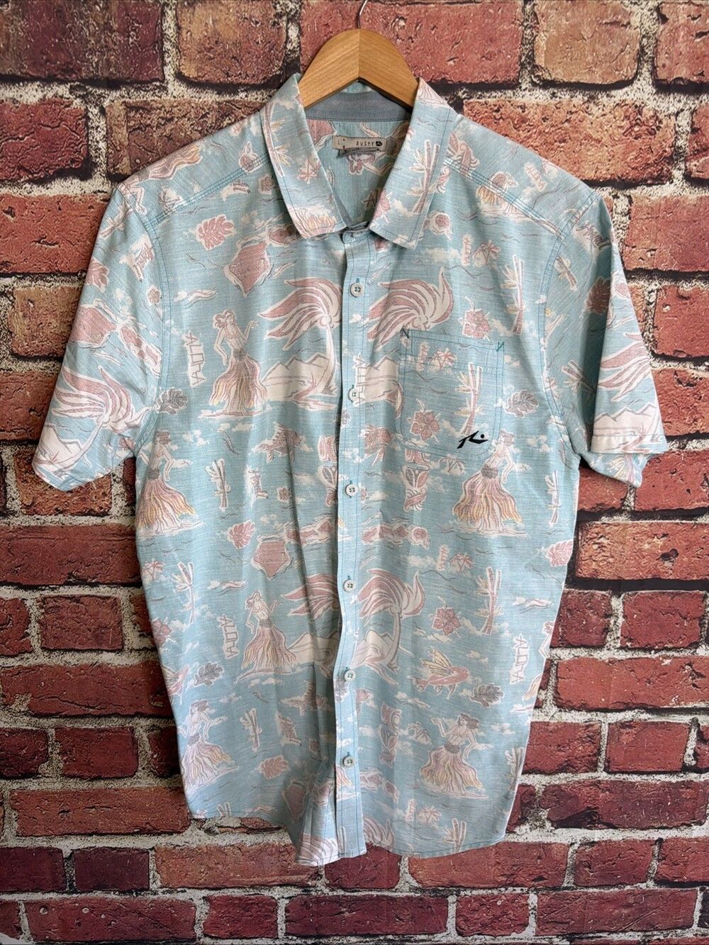 Rusty Hawaiian Button Shirt Men Large Tropical Floral Blue Camp EUC